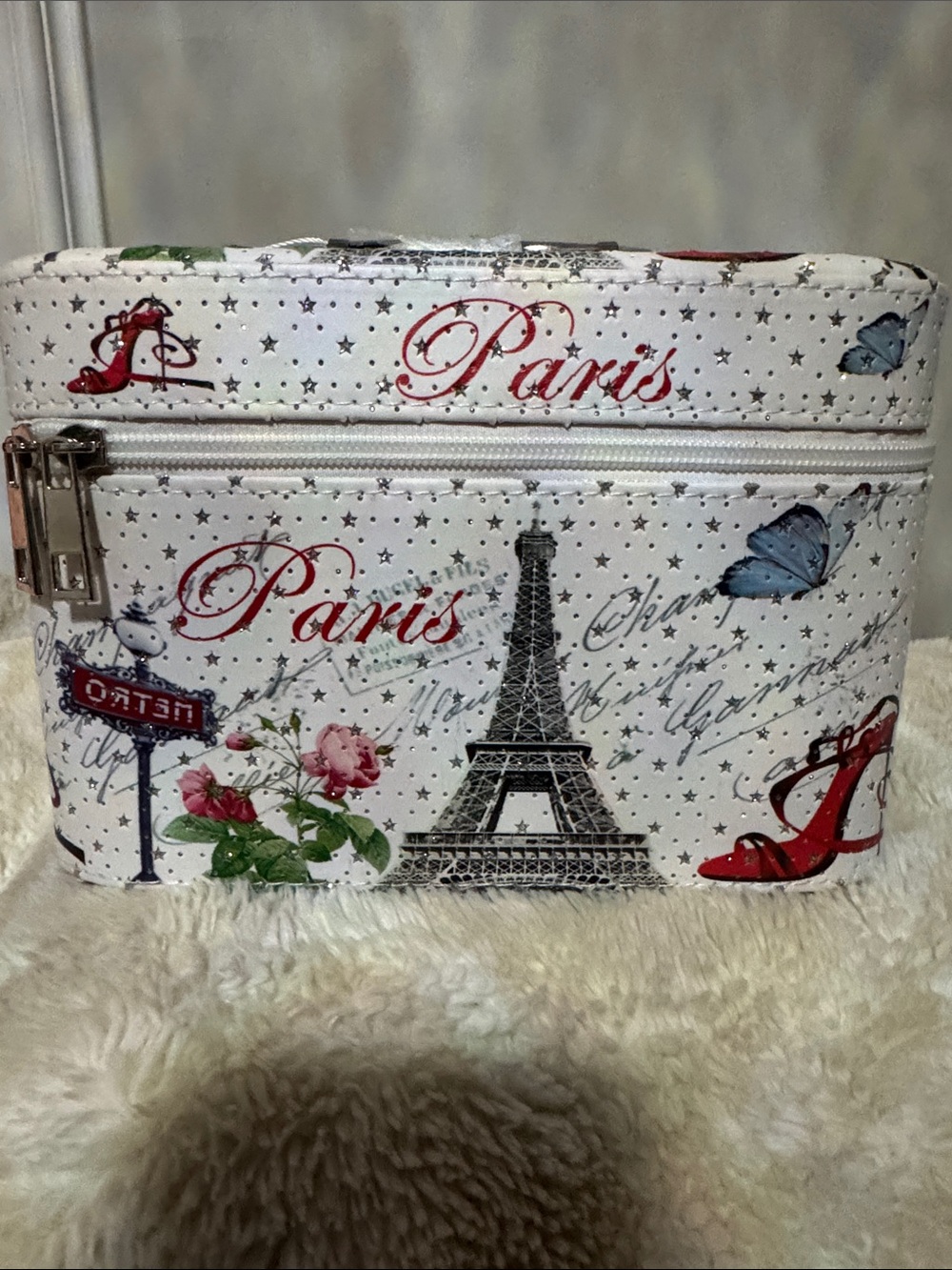 Paris Eiffel Tower Cosmetic Train Case in White 8" Wide x 5 1/2" Tall x 4” Deep